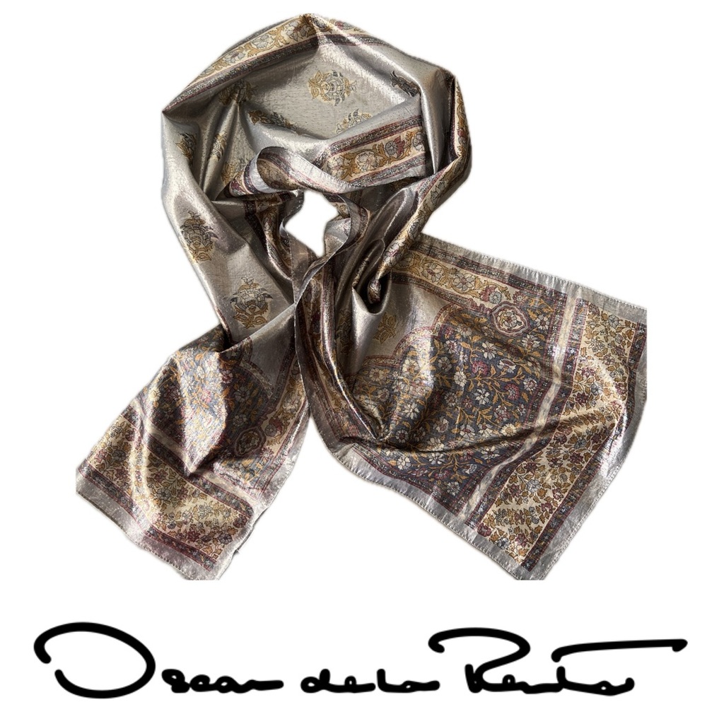 🩶💛Stunning Metallic Oscar De La Renta Metallic Lamé Scarf | Vintage 53”x10”